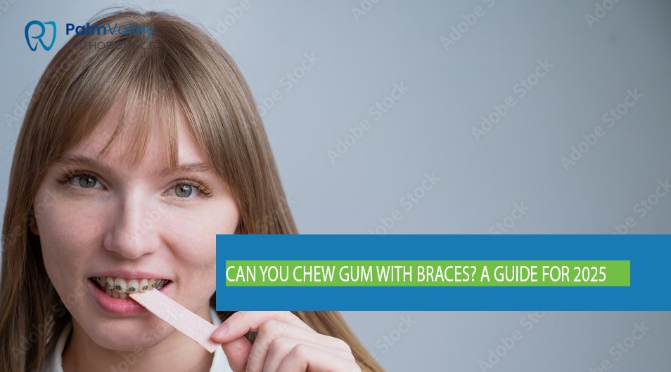 Young woman with metal braces chewing gum and eating gummy candy, demonstrating what it's like to chew with orthodontic braces.